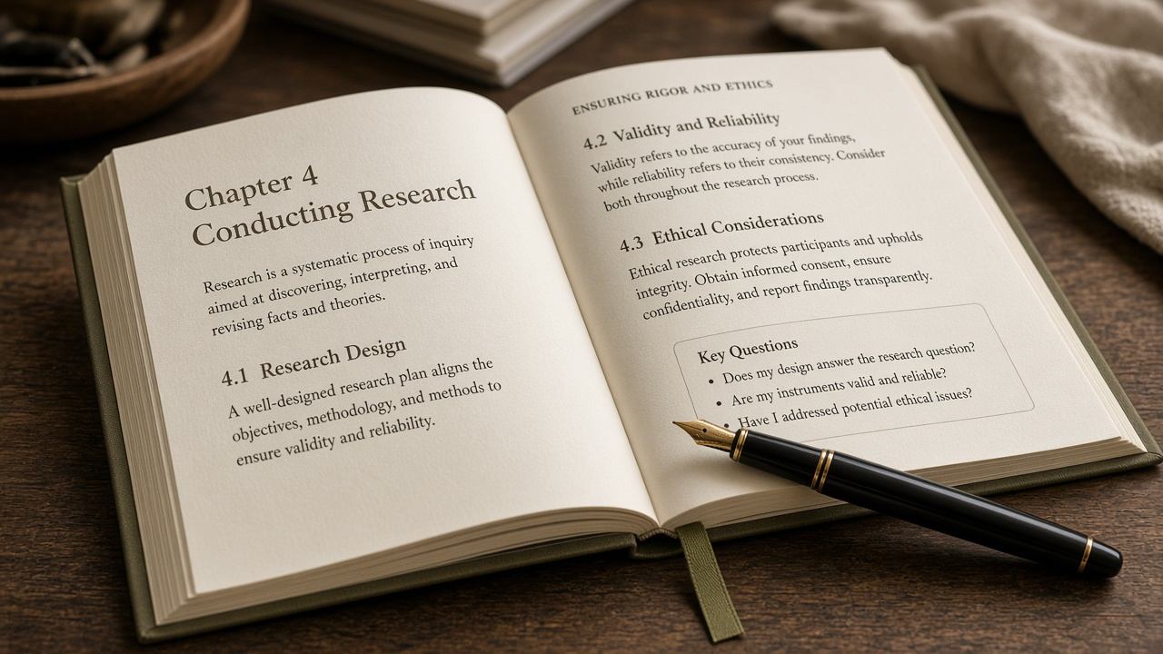 Open hardcover research guidebook on a wooden desk