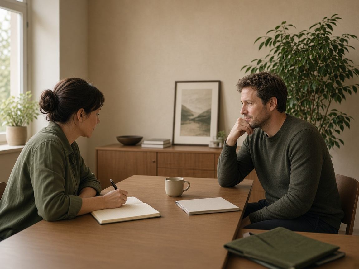 Professionals conducting a calm customer discovery interview