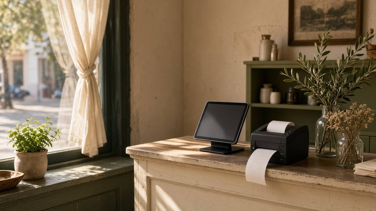 Small business counter with tablet and warm afternoon light