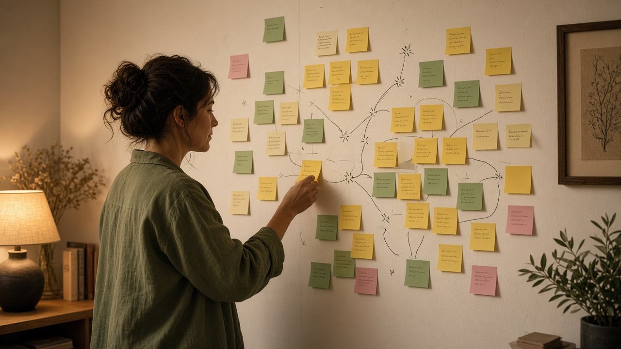 Researcher clustering interview insights with sticky notes
