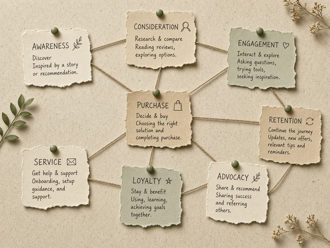 Paper nodes connected by string representing customer journey touchpoints